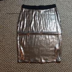 Nwt..Dark Tan Like Metalic Like Color Pencil Midi Skirt..Unworn..From Wdc Boutique...Pretty Neutral Color Chic Metallic Skirt With Sequins, Chic Metallic Sequin Skirt, Elegant Metallic Skirt With Sequins, Fitted Shiny Skirt For Evening, Fitted Metallic Holiday Skirt, Gold Skirt For Holiday Night Out, Elegant Shiny Fitted Skirt, Elegant Fitted Shiny Skirt, Gold Skirt For Night Out And Holiday