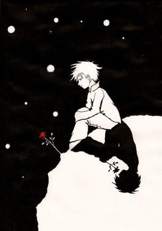 a drawing of a boy sitting on top of a rock with a flower in his hand