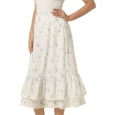 Featuring pretty ditsy floral prints, this midi skirt is a summer option that can be worn with just about anything. Channel elegant style in this midi skirt which is beautifully printed with a blossom pattern for a versatile look. It is made of lightweight fabric, adding definition to the free-flowing design. Falling to a waterfall midi hem, it sits high on the waist with a discreet side zip fastening. Summer days call for effortlessly feminine styles like skirts. White Midi Ruffled Skirt, Summer Ruffle Hem Midi Skirt, Flowy Summer Midi-length Bottoms, Summer Tiered Maxi Skirt For Brunch, Summer Brunch Maxi Tiered Skirt, Non-stretch Summer Gathered Skirt, Non-stretch Gathered Skirt For Summer, Summer Brunch Tiered Maxi Skirt, White Ruffled Midi Bottoms