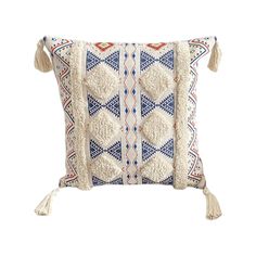 a white and blue pillow with tassels on it