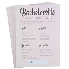 a stack of pink scavenger cards with the words bachelorette on it and numbers