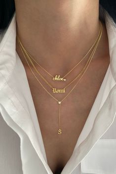 Customize this classic gothic name necklace with the name or word of your choice. 14K Yellow, White or Rose Gold Dainty curb chain - 1mm thickness Letter measurement ranges from 5mm - 8mm depending on the letter Length: Based on number of letters - up to 10 allowed FINAL SALE Name Chain Aesthetic, Cheap Nameplate Necklace, Luxury Engraved Name Necklace In Fine Jewelry Style, Luxury Personalized Anniversary Custom Necklace, Layered Name Necklaces Gold, Chains With Names Gold, Custom Gold Necklace Name, Luxury Yellow Gold Name Necklace For Anniversary, Cheap Personalized Charm Necklace For Birthday