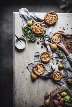 an overhead view of pies on a cutting board