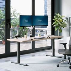 two computer monitors sitting on top of a desk next to a plant in an office