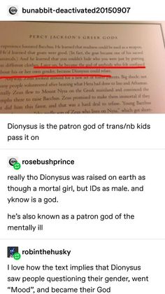 an open book with red lines on it and the caption that reads, donnyus is the patron god of transibb kids pass it on