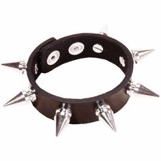 Punk, biker, vampire or rocker?  The possibilities are endless when you have this amazing accessory.  This black leather bracelet buckles closed around the wrist.  This bracelet has 2 rows of metal spikes.  Bracelet is a generous 10 inches in total length and slightly over 1 inch wide.  Spikes are a poky 1/2 inch long.  Complete… Punk Black Bracelet With Silver Studs, Edgy Silver Studs Jewelry, Black Leather Punk Bracelet With Silver Studs, Edgy Black Spiked Bracelets, Black Spiked Edgy Bracelets, Black Edgy Wristband With Studs, Punk Black Bracelets With Spikes, Gothic Black Studded Leather Bracelet, Black Gothic Jewelry With Spikes