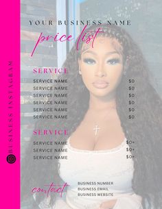 Price list and service name template for makeup and hair services downloadable and editable digital product template List Of Beauty Products, Make Up Price List Ideas, Makeup Price List Template, Business Sale Ideas, Price List For Vinyl Business Cricut, Hair Care List, List Of Services Template, Wig Price List Ideas, Business Names For Hairstylist