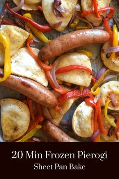 a pan filled with hot dogs covered in cheese and peppers next to sliced potatoes on top of each other