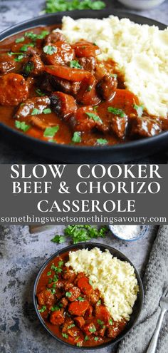 slow cooker beef and chorizo casserole with mashed potatoes on the side