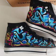 "⭐ FREE SHIPPING ⭐ Hippie sneakers are a great way to stand out from the crowd. These high top sneakers feature graffiti style art custom painted shoes with creative brush strokes. The black shoelaces add a sense of sophistication to this alternative fashion design. They're great as a gift idea or as an addition to your own wardrobe if you like being the center of attention where ever you go! The quality of these kicks is waterproof, and long lasting. A perfect gift for your brother, boyfriend, Customise Shoes, Creative Graffiti, Art Sneakers, Converse Custom, Custom Painted Shoes, Painted Sneakers, Gifts For Teen Boys, Boy Gifts, Graffiti Style Art