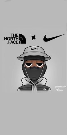 the north face logo with a man wearing a hat and hoodie on his head