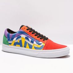 Tie Together Any Powerful 'Fit With The Old Skool Statement Multi Skate Shoes From Vans. These Casual Kicks Have Canvas And Suede Uppers In A Green, Yellow, Purple, Orange, And Red Colorblock Design, And Feature Embroidered Vans Side Stripes And Large Embroidered Vans Lettering At The Quarters For Tons Of Branded Flair. Double-Stitched In High Abrasion Areas. Lightly Padded Tongue And Leather-Lined Collar. Vans' Classic Cushioned Insole For Impact Support. Vulcanized Construction For Optimal Boa Embroidered Vans, Yellow Purple, Vans Classic, Mens Vans, Purple Orange, Vans Old Skool, Side Stripe, Old Skool, Shoes Men