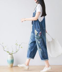 Floral Loose Denim Casual Spring Denim Overall Women Jumpsuits Denim Jumpsuits, Spring Denim, Loose Jumpsuit, Pattern Flower, Spring Women, Denim Cotton, Organic Cotton Fabric, Ankle Length Pants, Denim Jumpsuit