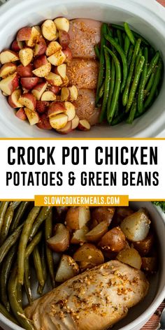 Overhead look at Crock pot chicken potatoes and green beans.