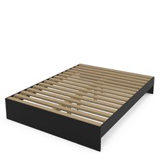 a bed frame with wooden slats and no sheets on the bottom part of it