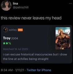 an image of a tweet with the caption'this review never leaves my head '