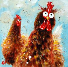 a painting of two roosters standing next to each other on a blue sky background