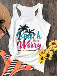 Eromis - Womens Coconut Tree & Letter Print Sleeveless Tank Top - Casual Crew Neck Every Day Top, Fashionable Womens Clothing Summer Sleeveless Vest With Letter Print, Sleeveless Printed Tops For Beach, Sleeveless Printed Beach Top, Printed Sleeveless Beach Tops, Sleeveless Summer Vest With Letter Print, Beach Letter Print Tank Top, Beach Sleeveless Tank Top With Letter Print, Printed Tank Top For Beach, Sleeveless Letter Print Tank Top For Beach