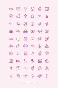 the pink and purple icons are arranged in different sizes, shapes, and font styles