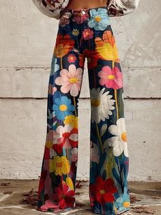 Women's Vintage Floral Daisy Print Casual Wide Leg Pants Hip Huggers, Pants Elegant, Expensive Dresses, Vintage Mermaid, Casual Wide Leg Pants, Denim Patterns, Printed Wide Leg Pants, Dress Out, Bell Bottom Pants