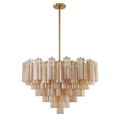 a large chandelier made out of glass and gold colored metal rods on a white background