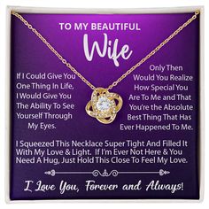 a necklace with the words to my beautiful wife on it and an image of a heart