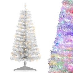 there are two different types of christmas trees in this photo, one is white and the other is multicolored