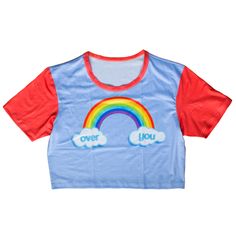 Playful Multicolor Color Block T-shirt, Rainbow Color Block Cotton Tops, Fitted Rainbow Print Short Sleeve Top, Fitted Rainbow Short Sleeve Tops, Summer Rainbow Crew Neck Top, Rainbow Color Block Tops For Spring, Colorful Letter Print Top For Summer, Spring Rainbow Color Block Tops, Trendy Multicolor Pride T-shirt