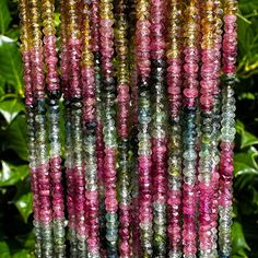 many beads are hanging from a tree in front of some plants and trees with green leaves behind them