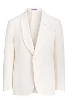 Classic in color, cut and composition, this cream-hued dinner jacket sets a polished course, tailored with a shawl collar and welt pockets from wool barathea. 30" length (size 40R) One-button closure Shawl collar Nonfunctional four-button cuffs Chest welt pocket; front welt pockets Side vents Cupro lining 100% wool Dry clean Made in Italy Men's Designer Clothing White Wool Blazer With Lapel Collar, Formal White Wool Blazer, Classic White Wool Suit, Cream Lapel Collar Blazer With Single Button, Cream Blazer With Single Button And Lapel Collar, Cream Single Button Blazer With Lapel Collar, Timeless Lapel Collar Outerwear For Wedding, Cream Wool Blazer With Lapel Collar, Luxury Cream Blazer With Hidden Button Closure