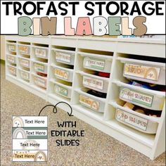 a white shelf filled with lots of bins next to a text reading trofast storage bin labels