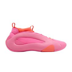 a pink shoe with orange accents on the top and bottom part, in front of a white background