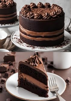 two pictures of a chocolate cake with one slice cut out and the other half eaten