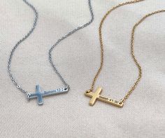 Introducing our Personalized Sideways Cross Necklace with Engraved Bible Verse - a stunning and meaningful piece of jewelry designed to empower and inspire women in their faith journey!  This necklace combines contemporary style with timeless scripture, creating a powerful symbol of devotion and strength.  We take a double-mirrored finish cross pendant & professionally engrave your favorite bible verse, name, date, etc. 100% surgical stainless steel - no tarnishing or fading! * cross pendant is Favorite Bible Verse, Sideways Cross Necklace, Bible Verse Necklace, Personalized Cross Necklace, Cross Necklace Sideways, Bible Verses For Women, Faith Journey, Encouragement Gift, Faith Necklace