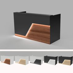 the front and back sides of an office desk with different wood grains on it