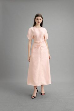 Sola A-line Round Neck Modal Midi Dress | MEAN BLVD Formal A-line Maxi Dress With Pleated Back, Chic A-line Tea Length Dress With Pleated Bodice, Feminine A-line Dress With Pleated Bodice, Elegant A-line Dresses With Pleated Waist, Spring A-line Midi Dress With Fitted Bodice, Elegant A-line Maxi Dress With Fitted Bodice, Ruched A-line Midi Dress For Cocktail, Flowy A-line Pleated Midi Dress, Elegant A-line Maxi Dress For Spring