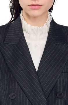 Slim-fit pinstriped suit jacket, featuring a stand-up collar, a double-breasted design with buttons, long sleeves and welt pockets.  This jacket matches the trousers ,  shorts  and  tie Sandro Women's suit jacket Fitted design Pinstriped Double-breasted button fastening Long sleeves SANDRO logo buttons Welt pockets on waist The model is 5'8 tall and wears a size 4 Pinstripe Notch Lapel Blazer For Office, Pinstripe Blazer With Lapel Collar For Business Casual, Elegant Pinstripe Outerwear With Button Closure, Pinstripe Blazer With Suit Collar For Office, Pinstripe Blazer With Double Button Closure For Office, Office Pinstripe Blazer With Double Button Closure, Double-breasted Pinstripe Blazer For Work, Tailored Pinstripe Blazer With Lapel Collar, Tailored Pinstripe Blazer For Office