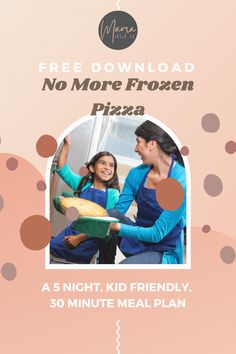 a flyer for no more frozen pizza with two girls in blue aprons and one girl holding