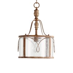 a light fixture with a glass shade hanging from it's end and an iron rod