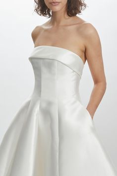 Mikado strapless multiple seamed A-line dress with bias band. Shown in Ivory. Amsale Bridesmaid, Amsale Dress, White Dress Styles, Little White Dress, Engagement Parties, Reception Dress, After Party, Dress Measurements, Little White Dresses