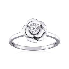 Ross-Simons - Diamond-Accented Rose Ring Round Cut in Sterling Silver. Size 8. As pretty as can be, this simple ring features a blooming rose set aglow by a sparkling diamond accent. It's the perfect everyday accessory that can easily be worked into your ring stack, too! Crafted in sterling silver with a brightly polished finish. 3/8" wide. Diamond-accented rose ring. Diamond birthstones are the perfect gift for April birthdays. Rose Flower Ring In Sterling Silver For Wedding, Elegant Sterling Silver Rings With Roses, Silver Rose Ring Jewelry, Elegant Rose Sterling Silver Flower Ring, Silver Flower-shaped Rings With Rose Design, Dragon Goddess, Simple Diamond Ring, Simple Ring, Diamond Birthstone