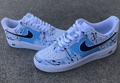 Custom Shoes Blue, Nike Shoes Coustom, Customize Air Force 1, Hydro Dipped Shoes, Shoes For School Nike, Custom Painted Nikes, Blue Custom Sneakers With Speckled Midsole For Sports, Nike Custom Casual Sneakers In Light Blue, Nike Light Blue Casual Custom Sneakers