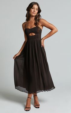 Get ready to turn heads in the stunning Ezri Midi Dress. This chocolate brown A-line dress features a flattering sweetheart neckline, sleeveless design, and intricate strappy cut-out details that add a touch of elegance. The pleated plisse fabric gives this dress a playful texture while still maintaining its sophisticated appeal. Made from high-quality polyester, this midi dress is not only comfortable to wear but also easy to care for. Whether you're attending a cocktail party or a special occa Plisse Fabric, Dress For Petite Women, Cocktail Party Dresses, Line Dress, Prom Dresses Long, Cocktail Dress Party, Dresses Long, Party Dresses, Chocolate Brown