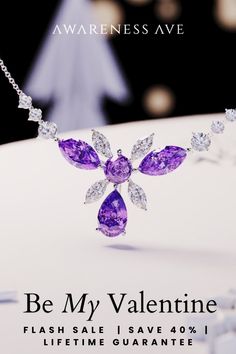 Fall in love with the Blossom Floral Brilliant-Cut Necklace this Valentine’s. Crafted with finesse, S925 silver, and vibrant purple gems, it’s a gift that says more. Shop our sale for 40% off and celebrate love with Awareness Avenue, where every purchase helps craft a better future. #FloralNecklace #ValentinesDayGift #ElegantJewelry Cubic Zirconia Necklaces For Mother's Day Party, Exquisite Flower Shaped Jewelry, Luxury Flower Pendant Jewelry Gift, Luxury Flower Shaped Jewelry For Anniversary, Formal Flower Pendant Necklace For Mother's Day, Mother's Day Party Necklace With Cubic Zirconia, Luxury Purple Jewelry Gift, Mother's Day Party Necklaces With Cubic Zirconia, Mother's Day Party Sterling Silver Necklace