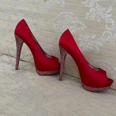 These Beautiful Evening Shoes Are New With Red Silk And Blings On The Heels And Platform For Especially Evening Events Red Fitted Heels With Almond Toe, Red High Heel Evening Shoes, Red High Heel Evening Heels, Red High Heels For Evening, Red Round Toe Heels For Prom, Glamorous Red Heels For Formal Occasions, Fitted Red Heels For Wedding, Glamorous Red Heels With 4-inch Heel, Red Closed Toe Heels For Prom