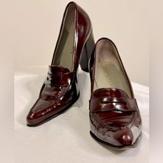 Prada Burgundy Block Heel Vintage Loafers Size Eu 38 Which Should Translate To Us 7.5, These Feel More Like A 7.5/8 Color-Deep Burgundy 4 Inch Heel Please See Photos For Flaws (A Few Small Marks And Wrinkling Of The Leather Consistent With Being Worn). Wear On Soles (Pictured) Authenticated (Pictured) Beautiful Pre-Owned Vintage Prada Heels! Seriously, Gorgeous! Prada 90s Shoes, Vintage Prada Shoes, Red Prada Shoes, Vintage Prada Boots, Prada Shoes Heels Vintage, Vintage Loafers, Prada Loafers, Block Heel Loafers, Deep Burgundy