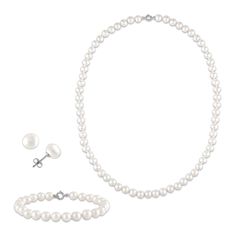 6MM Pearl Necklace Bracelet and Earrings Set in Sterling Silver Elegant Jewelry With Matching Round Beads Earrings, Elegant Hypoallergenic Jewelry With Round Beads, Fine Jewelry Silver Round Beads Jewelry, Classic Pearl White Jewelry With Matching Earrings, Fine Jewelry Silver Round Beads, Classic Single Strand Pearl White Jewelry, Classic Pearl White Single Strand Jewelry, Classic White Gold Jewelry Sets As Gift, Classic White Gold Jewelry Set Gift