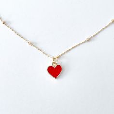 "Adjustable 18k gold plated necklace with red heart pendant. - Approx. 14\" long or 18\" long + 2\" adjustment SHOP MORE JEWELRY, https://www.etsy.com/shop/melissavelia?section_id=10442322" Dainty Red Necklace For Anniversary, Gold Plated Charm Necklaces With Heart Beads For Gift, Red Double Heart Necklace For Anniversary, Red Jewelry With Adjustable Chain For Anniversary, Red Gold Plated Necklace For Anniversary, Adjustable Heart Necklace With Clavicle Chain For Valentine's Day, Red Gold Plated Necklace For Gifting, Red Jewelry With Adjustable Chain For Her, Red Gold Plated Necklace For Gift