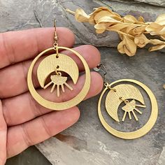 Gold Circle Earrings, Earrings Moon, Moon And Star Earrings, Chunky Jewelry, Gold Circle, Moon And Star, Earrings Unique, Handmade Charms, Sustainable Jewelry