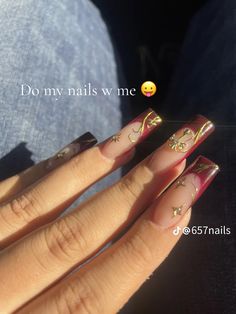 Dark Red Acrylic Nails Coffin Designs, Red French With Gold, Square Shaped Nails Design, Nails Acrylic Boho, Burgundy Nails Designs Nailart, Red And Gold Nails Square, Pomegranate Nail Art, Maximalist Nails Square, Medium Nails Design